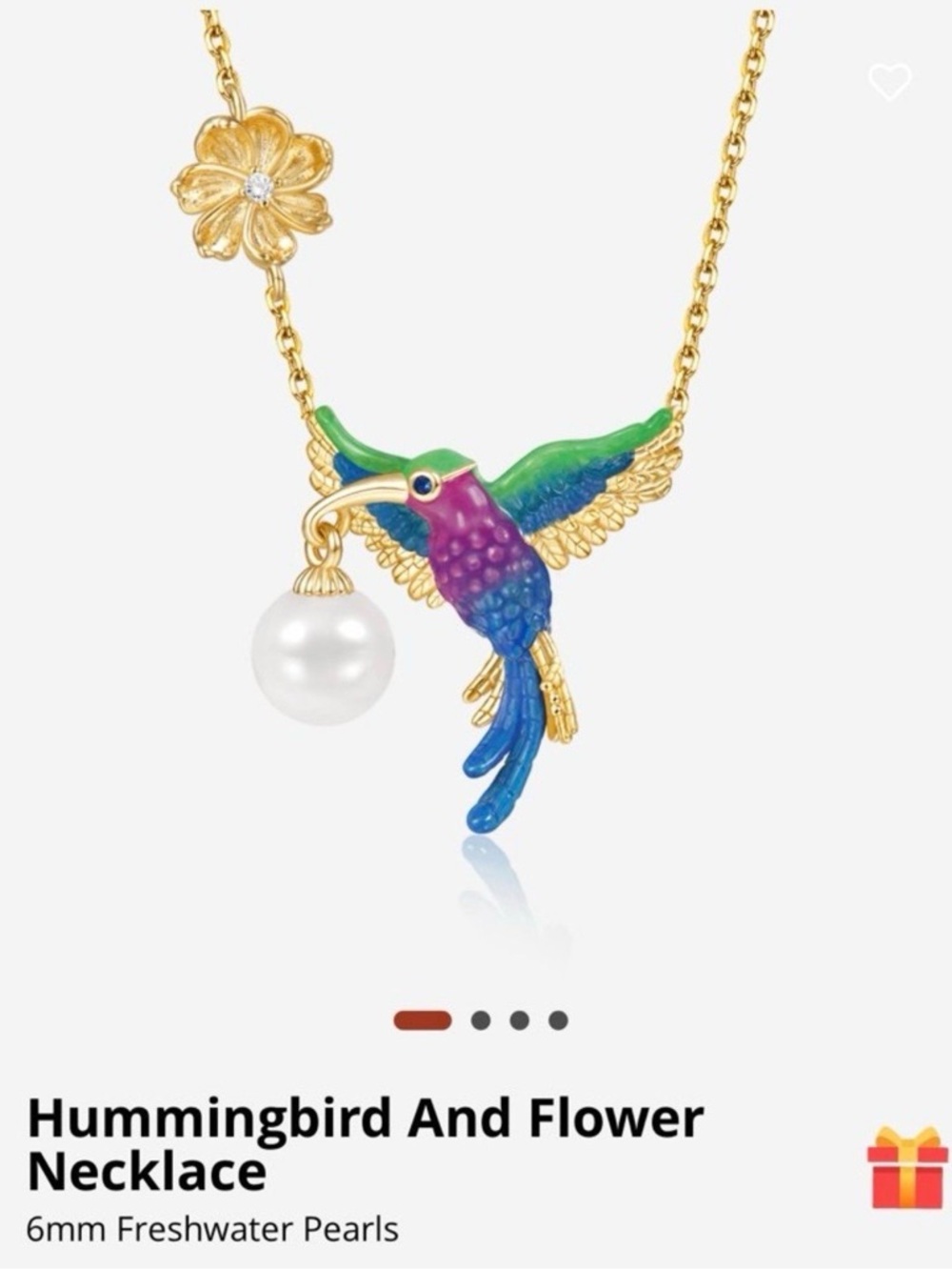 Hummingbird Necklace 6mm Freshwater Pearl and white topaz.